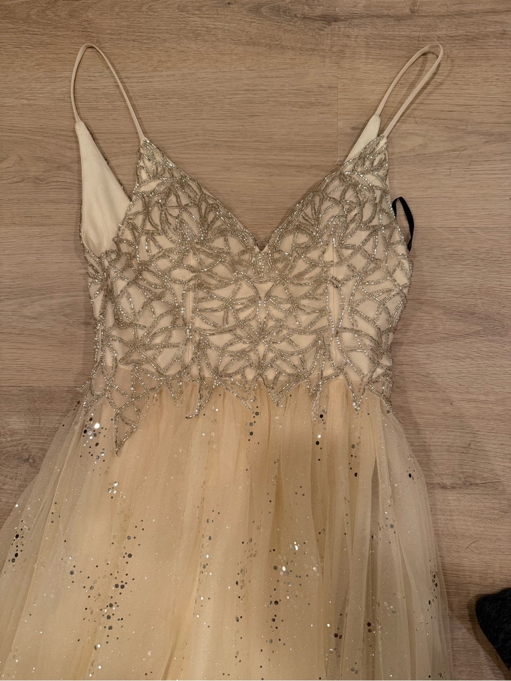 Jadore Evening  champagne coloured Dress with Glitter Beaded Bodice